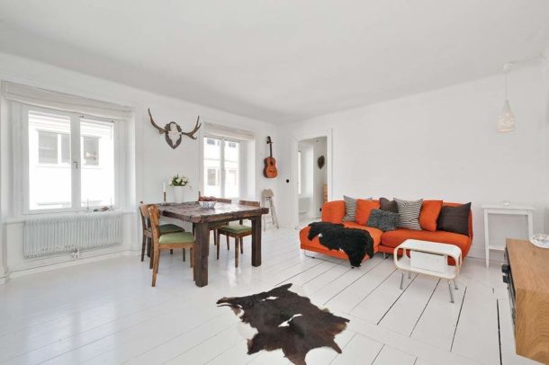 Snow-covered floor of a Scandinavian living room