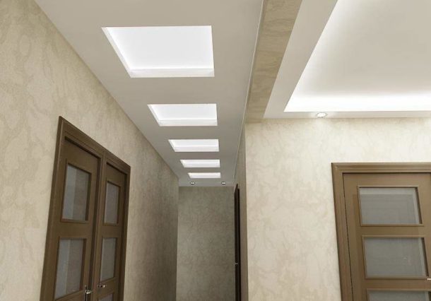 Two-level design with lighting in a small hallway and a narrow corridor