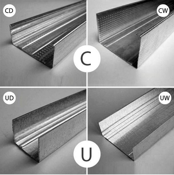 Varieties of metal profiles - carriers (above) and guides (below)