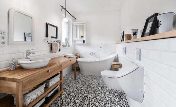 Furniture and plumbing in the bathroom in the Scandinavian tradition