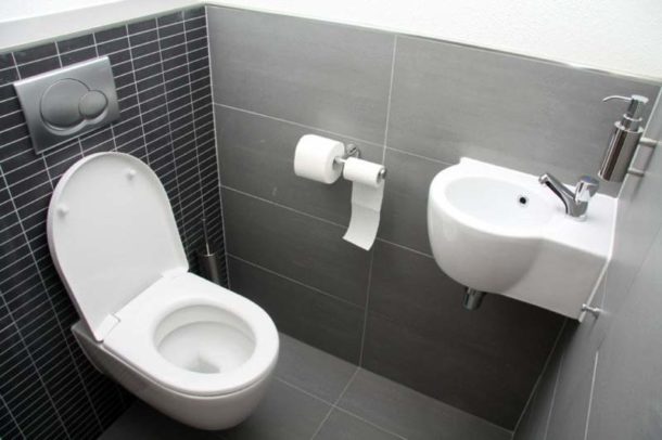 Wall hung toilet and small sink